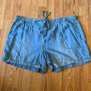 soft blue jean like shorts with a front drawstring